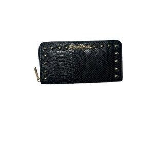 Hard Rock Cafe Gold Studded Wallet Wristlet Black Faux Snake Skin Leather New